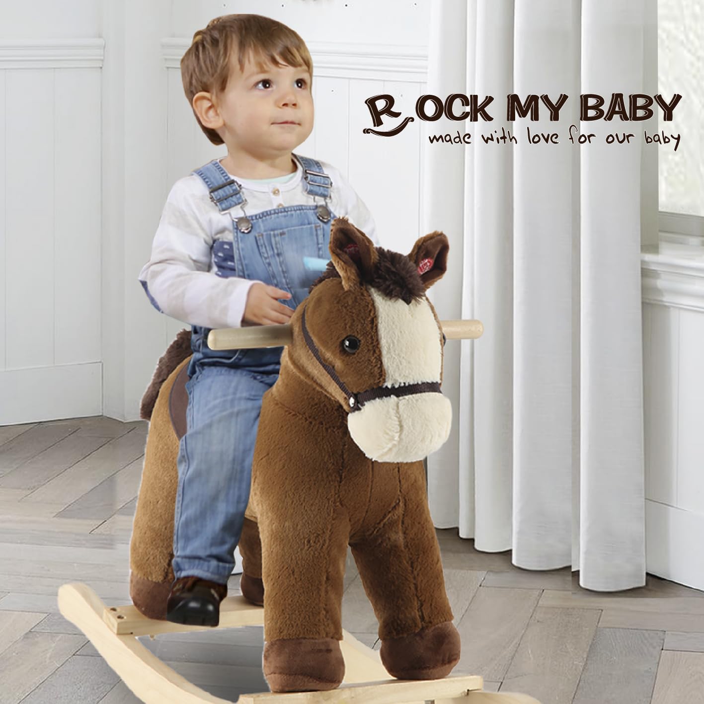 Rock My Baby Rocking Horse, Grey Wooden Horse with Sound Effects,Ride-on Toy,Balance Toy (Dark brown)