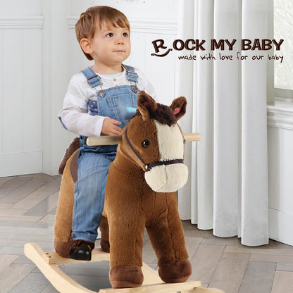Rock My Baby Rocking Horse, Grey Wooden Horse with Sound Effects,Ride-on Toy,Balance Toy (Dark brown)