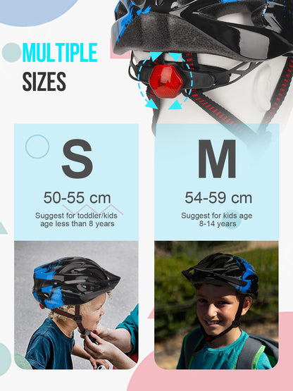 Kids Helmet, RaMokey Kids Bike Helmet With Light, Boys Girls Bike Helmet Age 3-14, Adjustable Child Helmet (50-59CM) for Bicycle Scooter Skating Cycle
