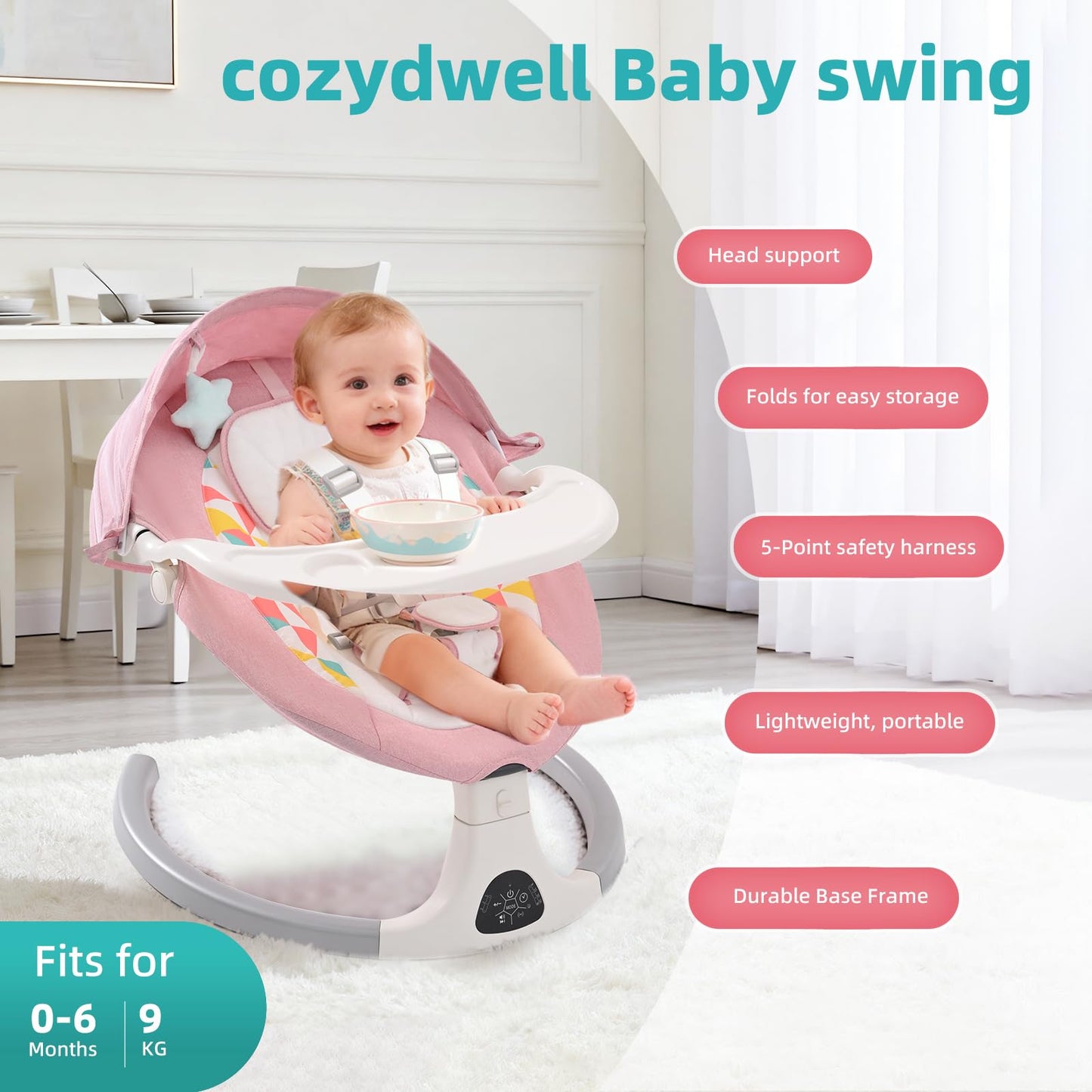 Pink Cozydwells electric baby bouncer with Bluetooth, 5 swing speeds, adjustable angles, remote control, touch panel, tray, canopy, and mosquito net.