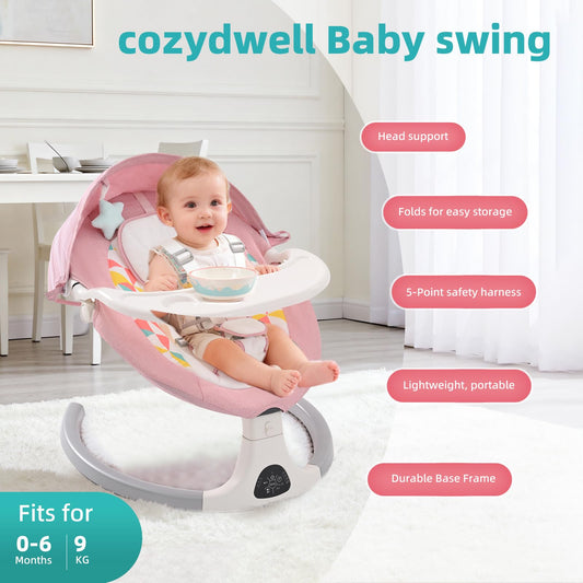 Pink Cozydwells electric baby bouncer with Bluetooth, 5 swing speeds, adjustable angles, remote control, touch panel, tray, canopy, and mosquito net.