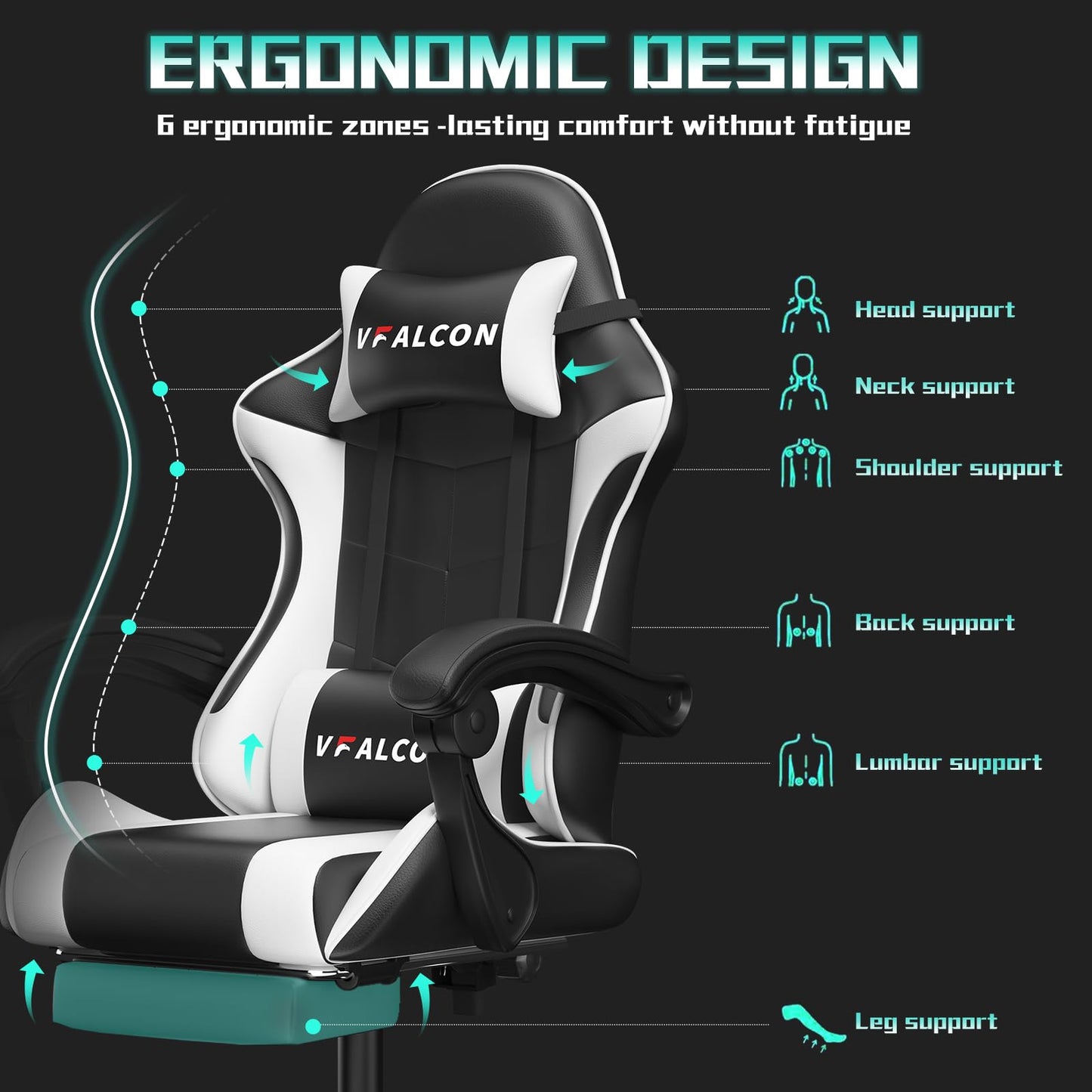 Vfalcon XTREME gaming chair in white with ergonomic design, reclining feature, footrest, 360° swivel, and adjustable height.