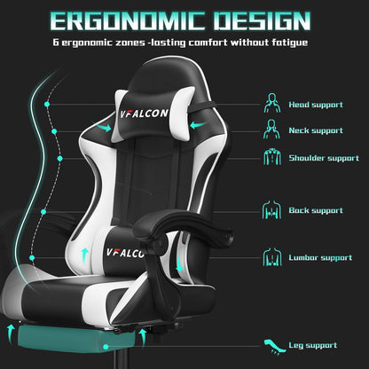 Vfalcon XTREME gaming chair in white with ergonomic design, reclining feature, footrest, 360° swivel, and adjustable height.