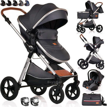 Baby Pram Pushchair Buggy Stroller 3 in 1 Child Lightweight Folding Stroller 3 in 1 Travel System Pram for Newborns Toddlers from Birth New 2026 Style LEDs, FREEBIES (BBC - Grey Silver, BBC)