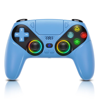Gamrombo RGB wireless PS5 and PC controller with back buttons, touchpad, turbo, dual vibration, 6-axis sensor, and 3.5mm audio jack.