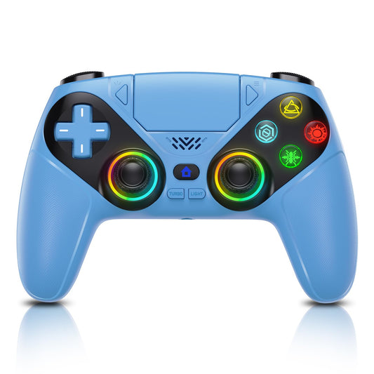 Gamrombo RGB wireless PS5 and PC controller with back buttons, touchpad, turbo, dual vibration, 6-axis sensor, and 3.5mm audio jack.