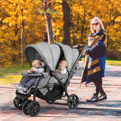 GYMAX Double Seat Stroller with Adjustable Push Handle, Detachable Canopy and Foot Rest, Foldable Baby Pushchair Buggy for Traveling, Going Shopping & Hanging Out (Grey)