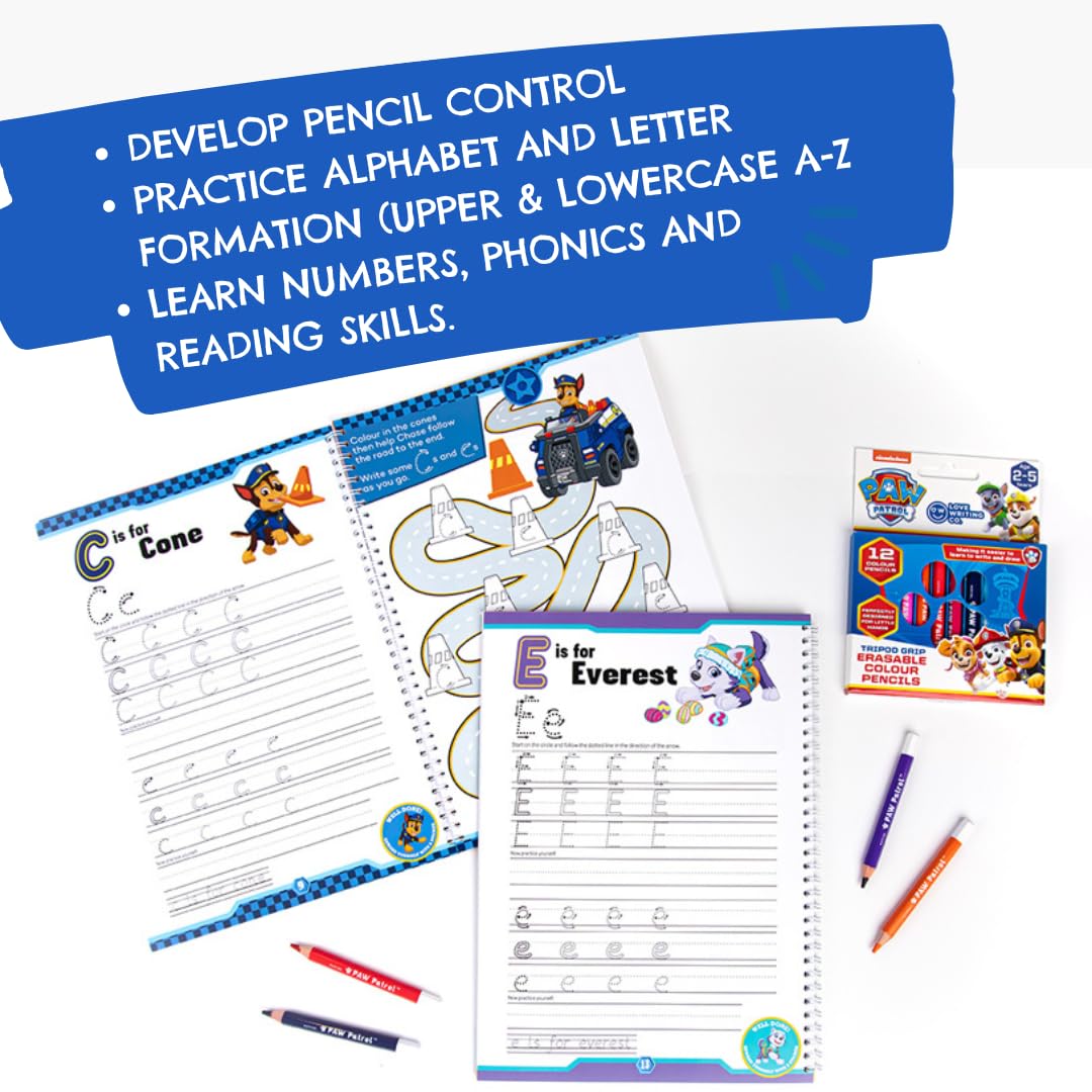 Love Writing Co. The Ultimate PAW PATROL Learn To Write The Alphabet Bundle -Children Age 3-5 - My First Handwriting and Letter Formation Activity Book, Tripod Grip Pencils and Colour Pencils