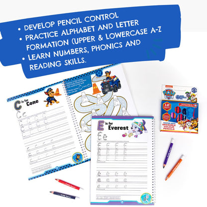 Love Writing Co. The Ultimate PAW PATROL Learn To Write The Alphabet Bundle -Children Age 3-5 - My First Handwriting and Letter Formation Activity Book, Tripod Grip Pencils and Colour Pencils
