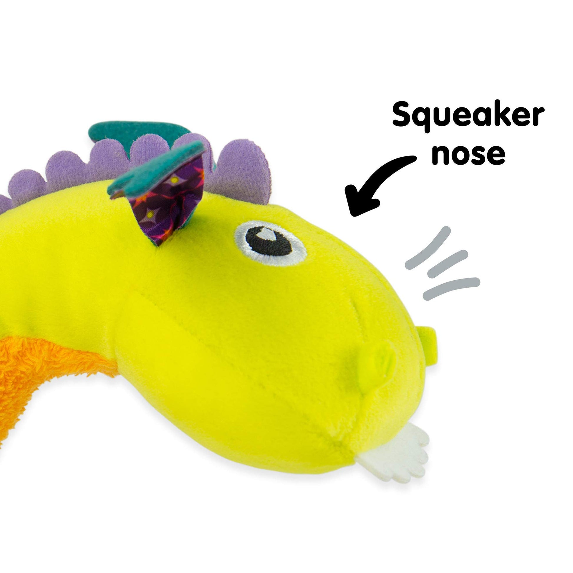LAMAZE Flip Flap Dragon sensory baby toy attached to a pram, colorful clip-on toy for newborns from 0 to 6 months.