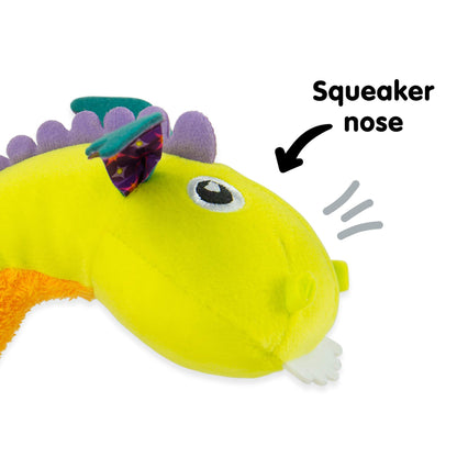 LAMAZE Flip Flap Dragon sensory baby toy attached to a pram, colorful clip-on toy for newborns from 0 to 6 months.