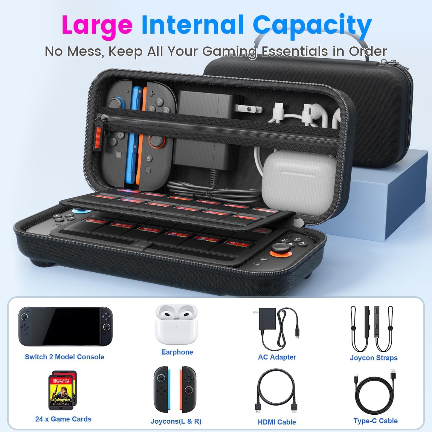 daydayup Switch 2 hard travel case with tempered glass screen protectors and guiding frame for Nintendo Switch 2 console.