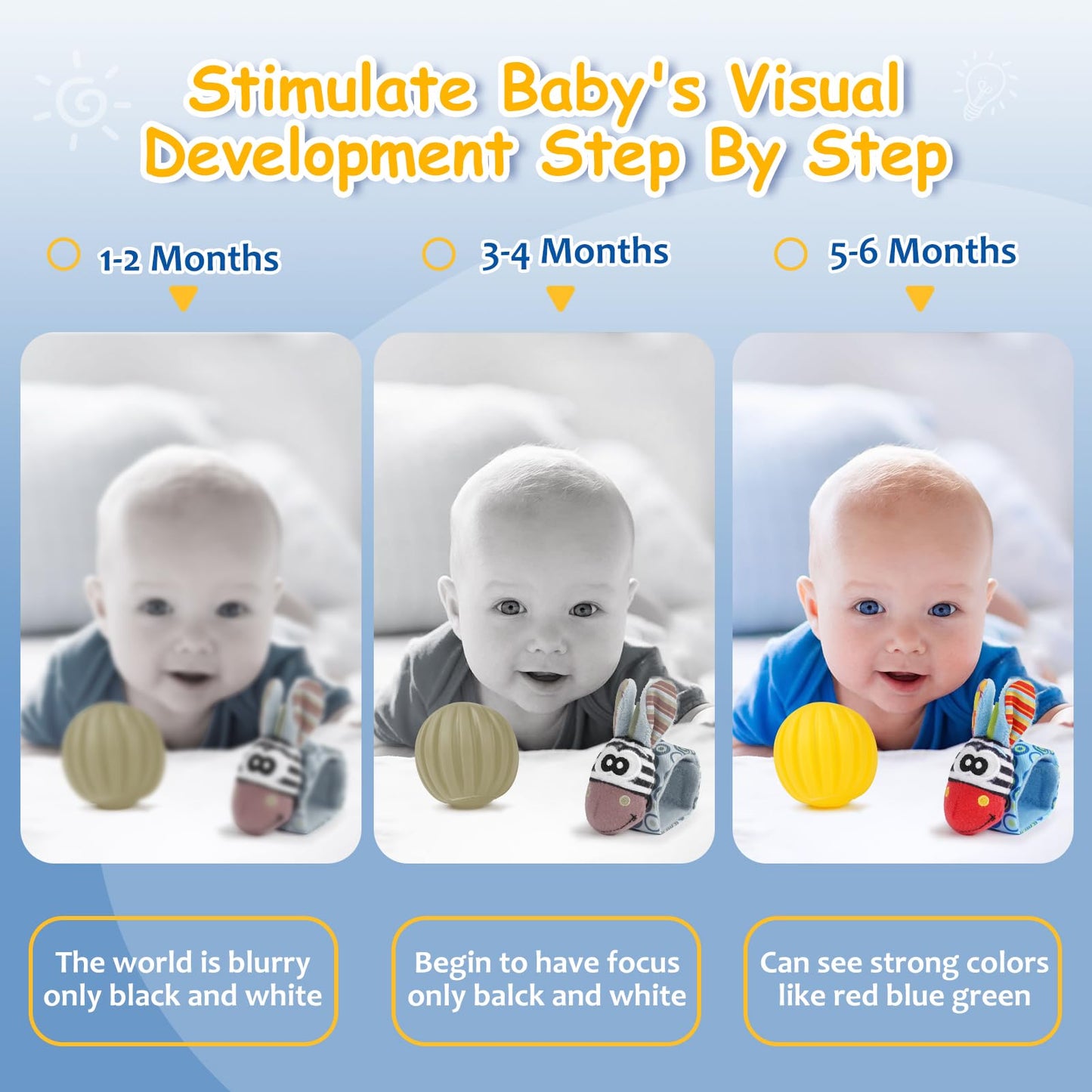 Joyreal baby toys sensory set with musical caterpillar, rattles, and ribbons for newborns and infants aged 0-12 months.