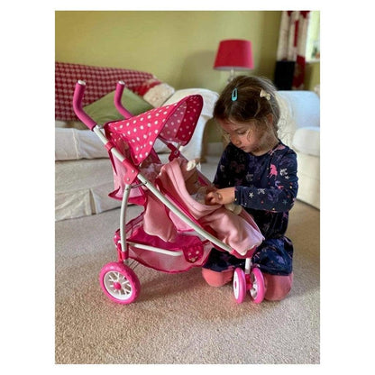Roma Dotty Dolls Pram with 2 Seats - Dolls Pushchair for 2 Dolls or Teddies, Dolls Double Buggy with Handle Height of 65cm, Suitable for Age 3+, Includes Shopping Basket