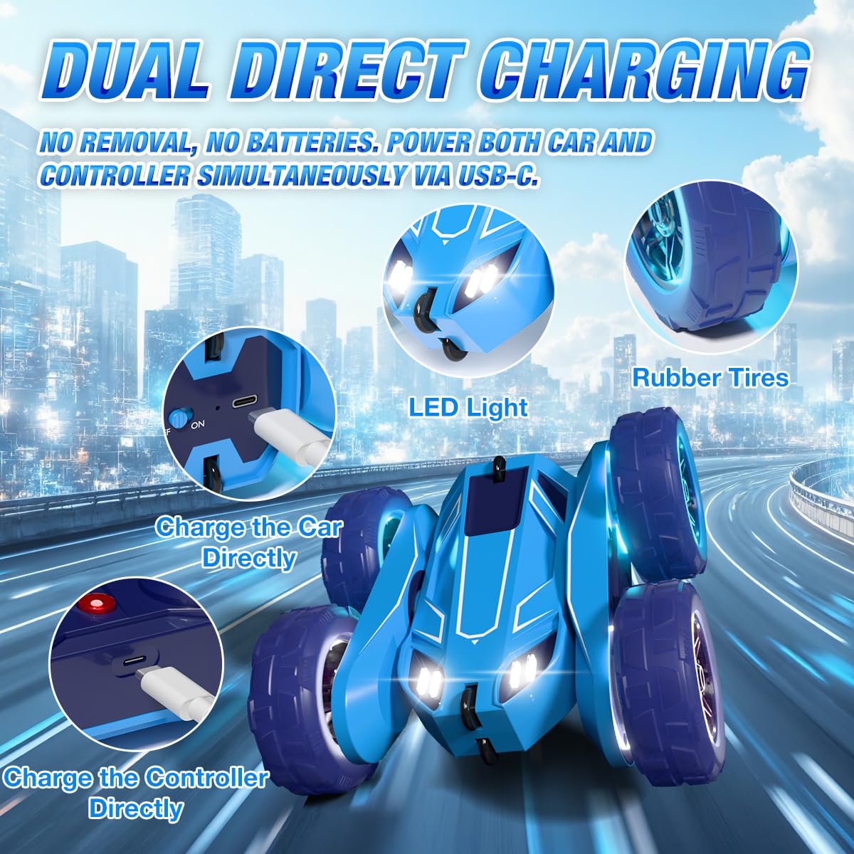 Dual Direct Charging Remote Control Cars with LED Light,High Speed 2.4Ghz 4WD Rc Stunt Car,Indoor and Outdoor 360° Rotates 180°Flips Electric Vehicle Toys Gifts for 3-12 Year Old Boys Girls Kids