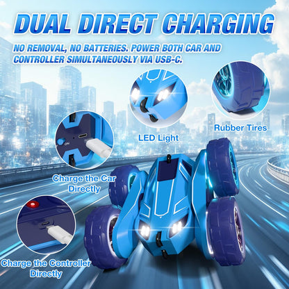 Dual Direct Charging Remote Control Cars with LED Light,High Speed 2.4Ghz 4WD Rc Stunt Car,Indoor and Outdoor 360° Rotates 180°Flips Electric Vehicle Toys Gifts for 3-12 Year Old Boys Girls Kids