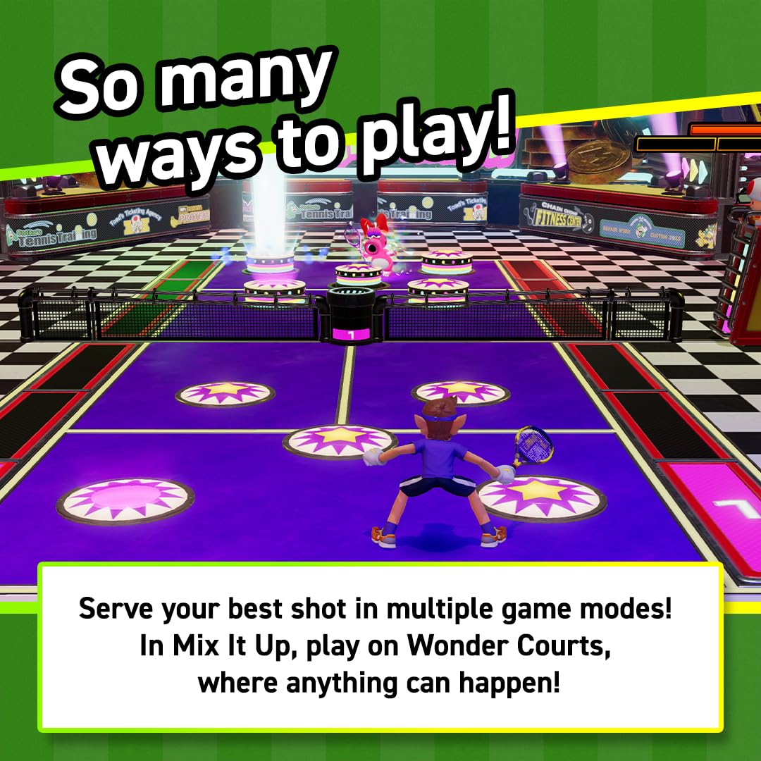 Nintendo Mario Tennis Fever game cover featuring Mario holding a tennis racket on a vibrant court background.