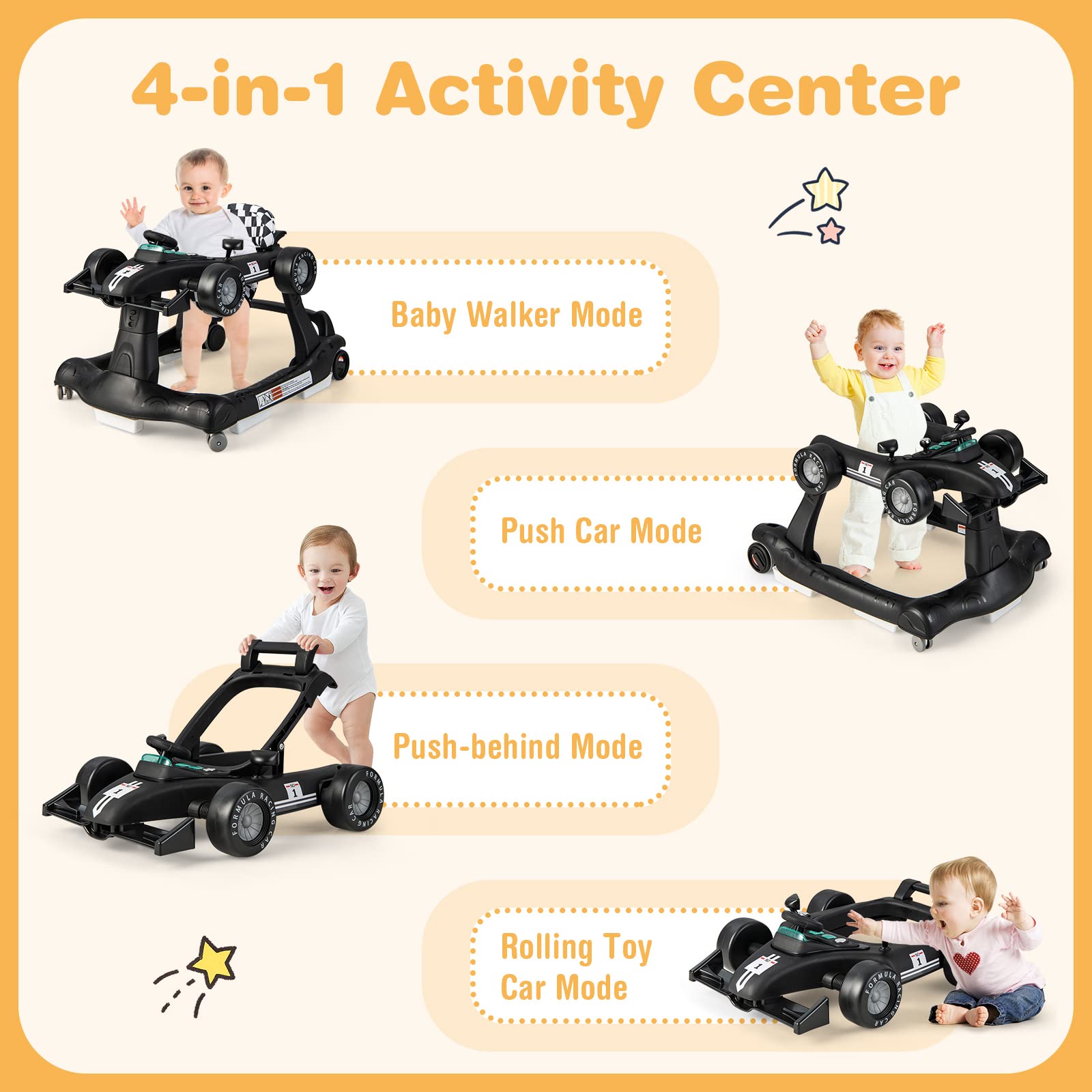COSTWAY 4-in-1 baby walker in black with lights, steering wheel, adjustable height, and music, designed for toddlers' early development.