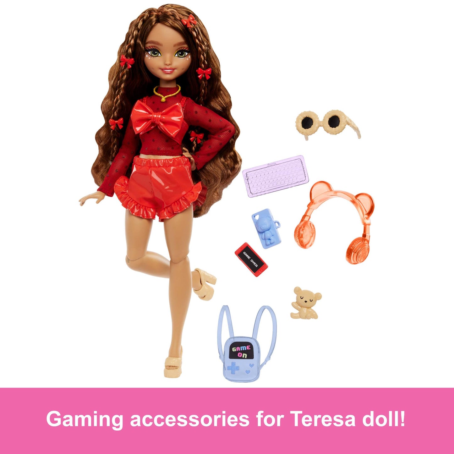 Barbie Dream Besties Teresa fashion doll with brown hair, hairstyling clips, and 10 video game-themed accessories.