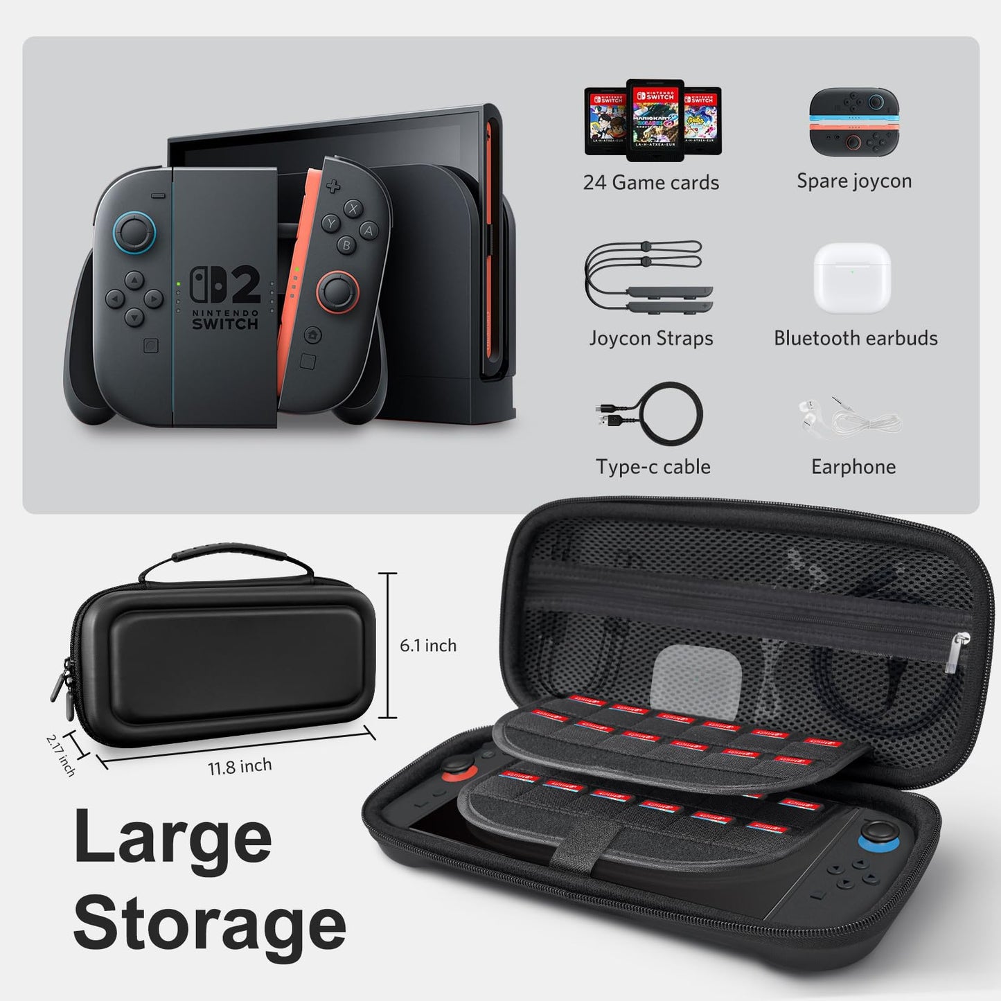 CoBak large capacity Nintendo Switch 2 carrying case with accessories bundle, black color, includes game cards, screen protectors, and thumb caps.
