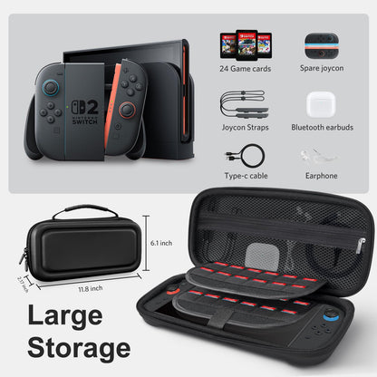 CoBak large capacity Nintendo Switch 2 carrying case with accessories bundle, black color, includes game cards, screen protectors, and thumb caps.