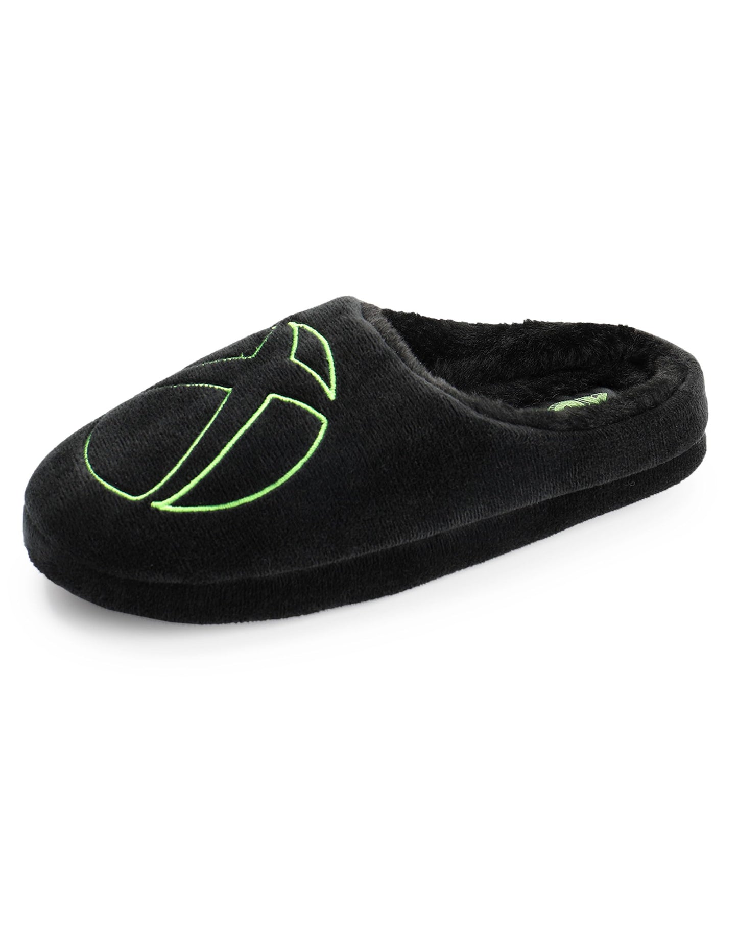 Xbox men's gaming slippers in black velour with fur lining, slip-on mules featuring Xbox logo, rubber sole for indoor comfort