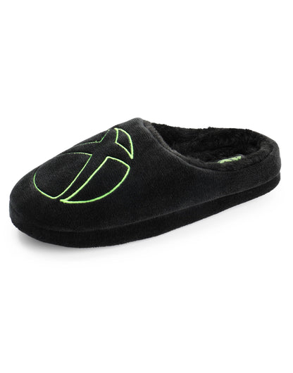 Xbox men's gaming slippers in black velour with fur lining, slip-on mules featuring Xbox logo, rubber sole for indoor comfort