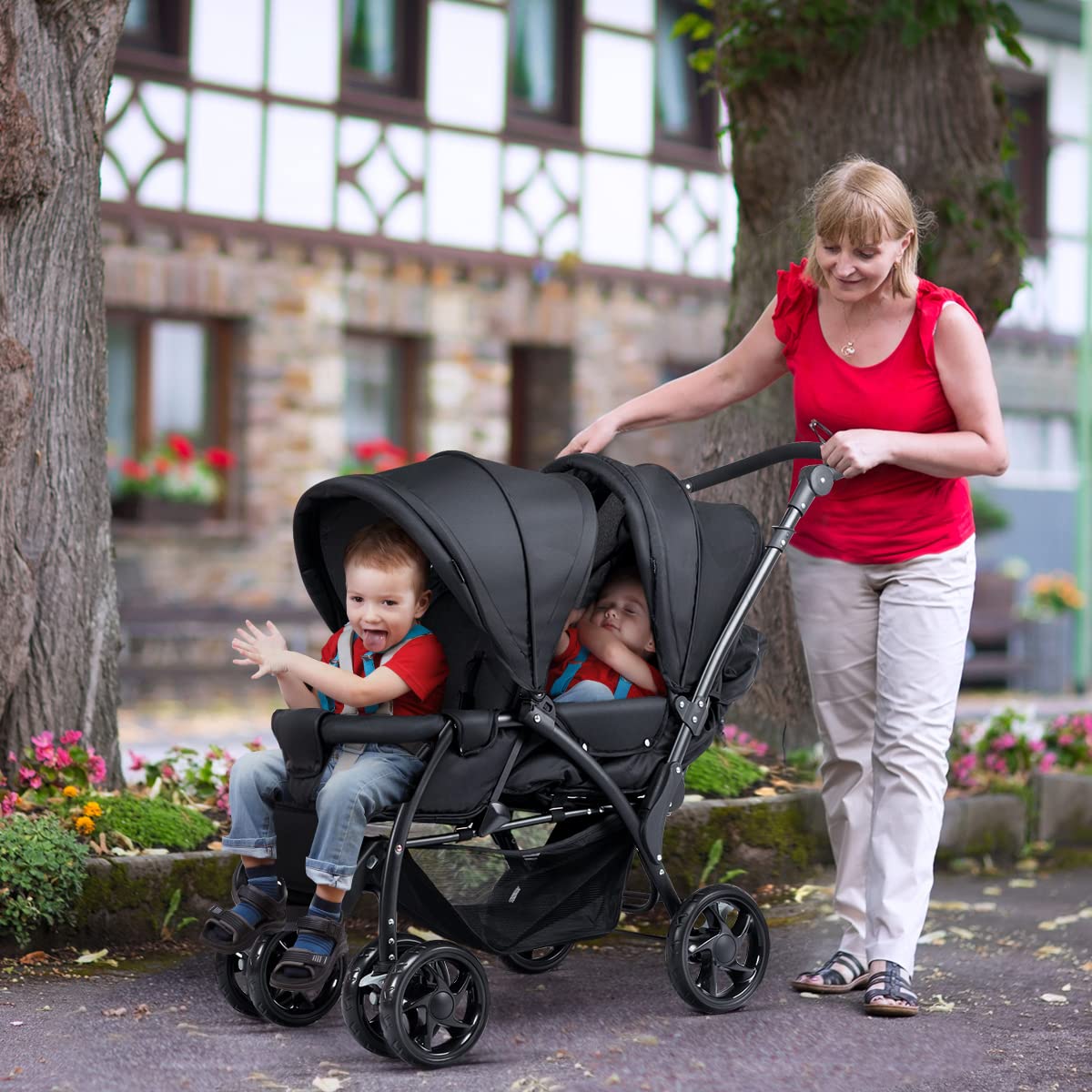 COSTWAY double seat pushchair with adjustable backrest, sunshade, storage basket, safety belts, foldable twin tandem stroller in black