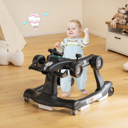 COSTWAY 4-in-1 baby walker with black frame, adjustable height, lights, steering wheel, and music for toddlers aged 6-18 months.