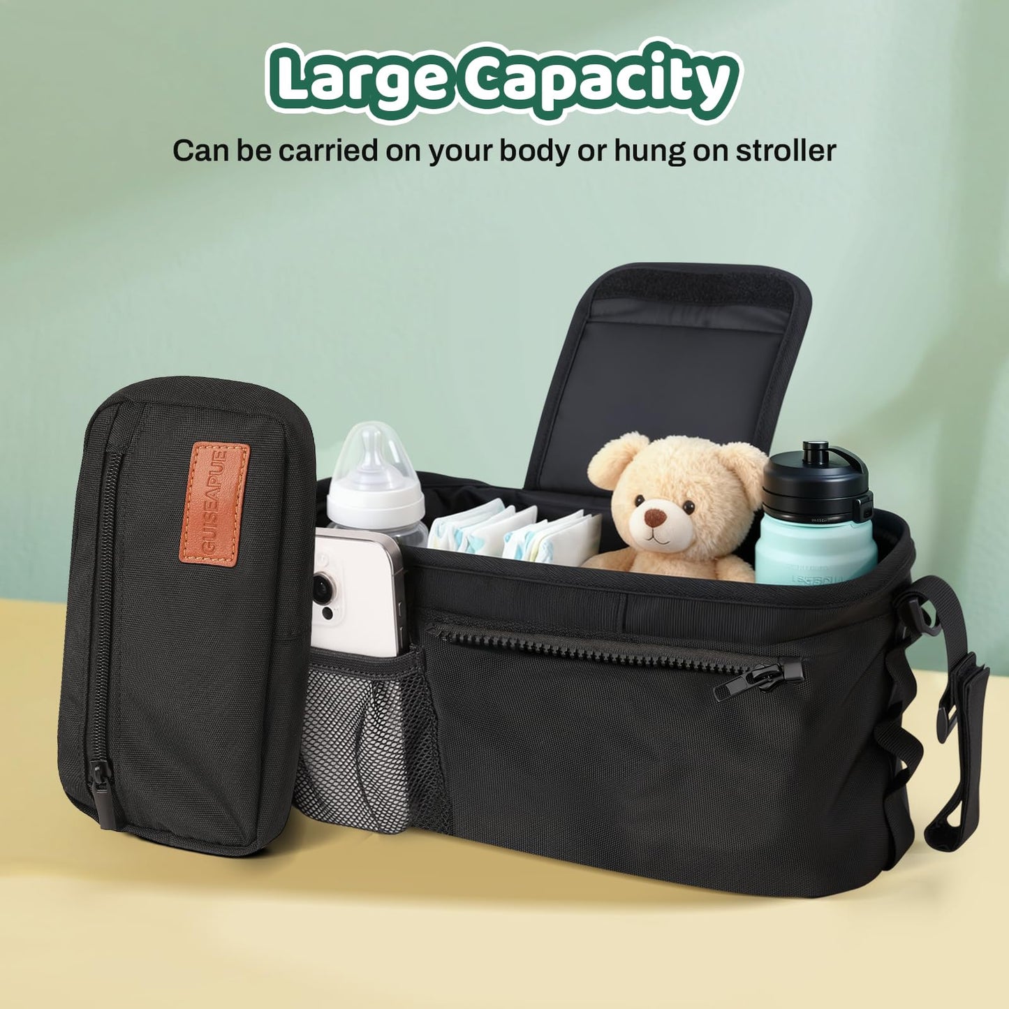 Guiseapue pram organiser bag with cup holder, large capacity baby diaper bag with non-slip strap for newborn essentials.