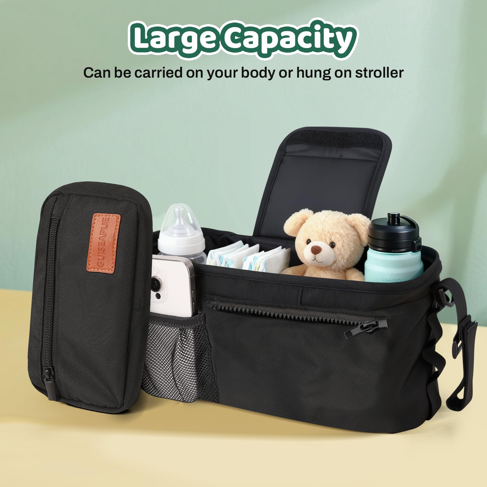 Guiseapue pram organiser bag with cup holder, large capacity baby diaper bag with non-slip strap for newborn essentials.