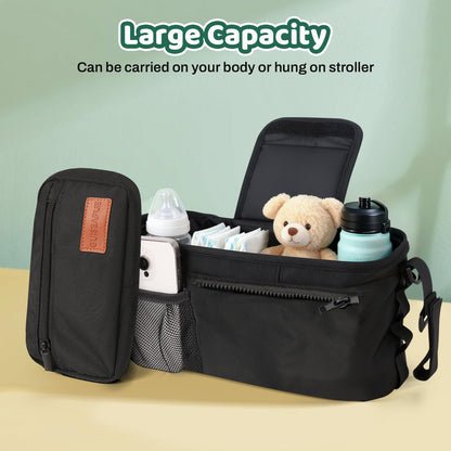 Guiseapue pram organiser bag with cup holder, large capacity baby diaper bag with non-slip strap for newborn essentials.