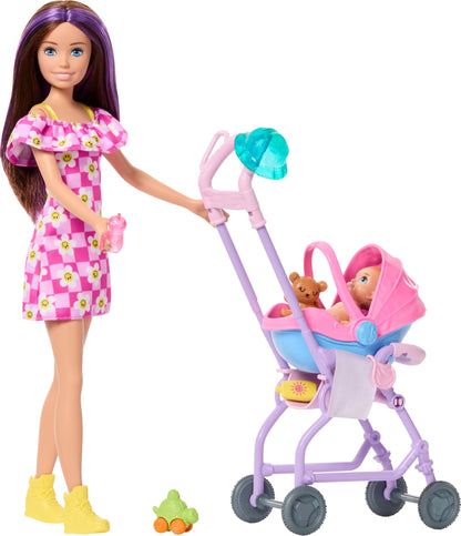 Barbie Skipper Babysitters Inc. playset with brunette doll, blonde baby doll, stroller with removable car seat, and 7 accessories