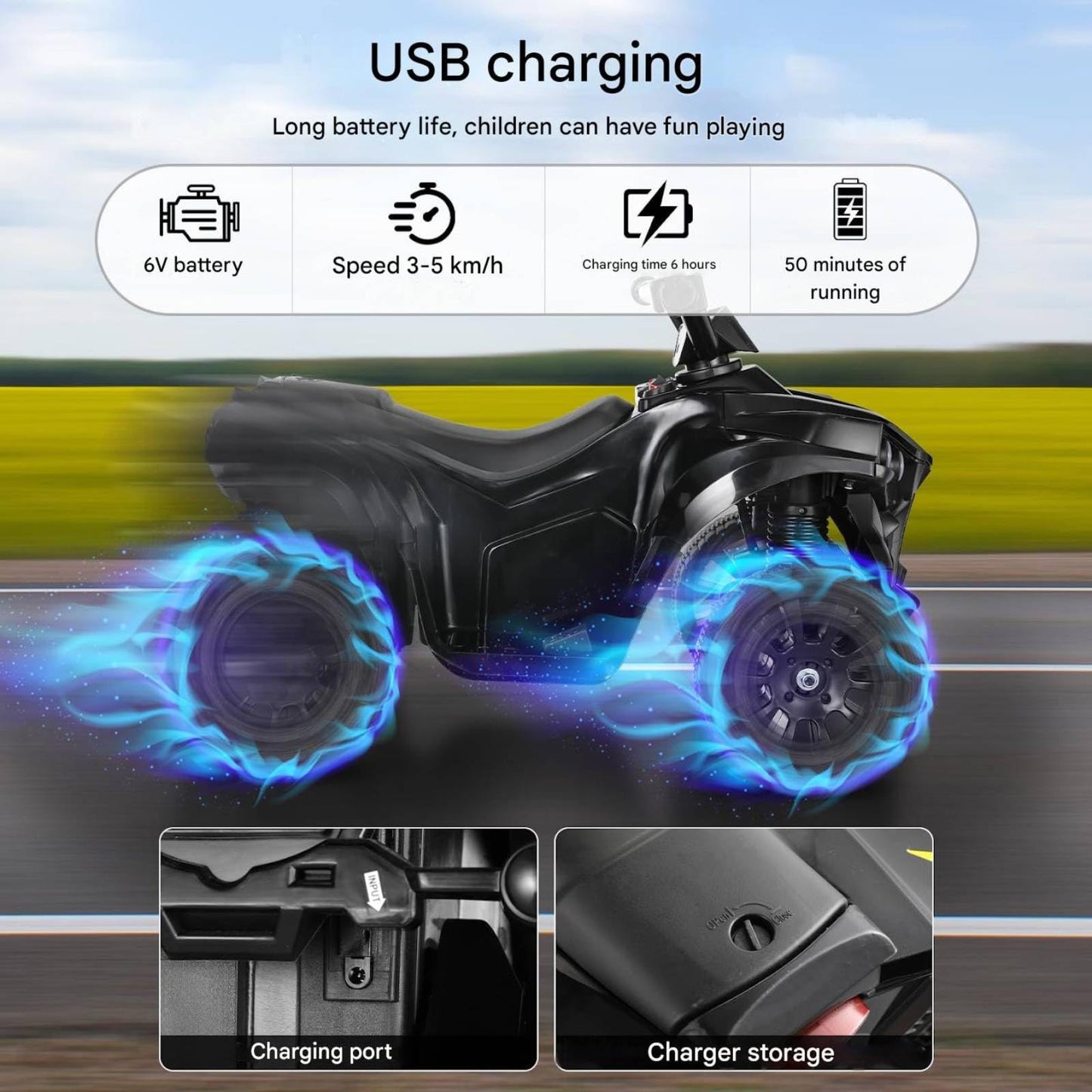 MAMIZO 6V Kids Electric Ride on Car, ATV Quad Bike with MP3 Music Player, Trumpet and LED Lights, USB Charging, Children Vehicle Quad Electric Car 3-5 km/h, for 3 Years Old Boys Girls, Black