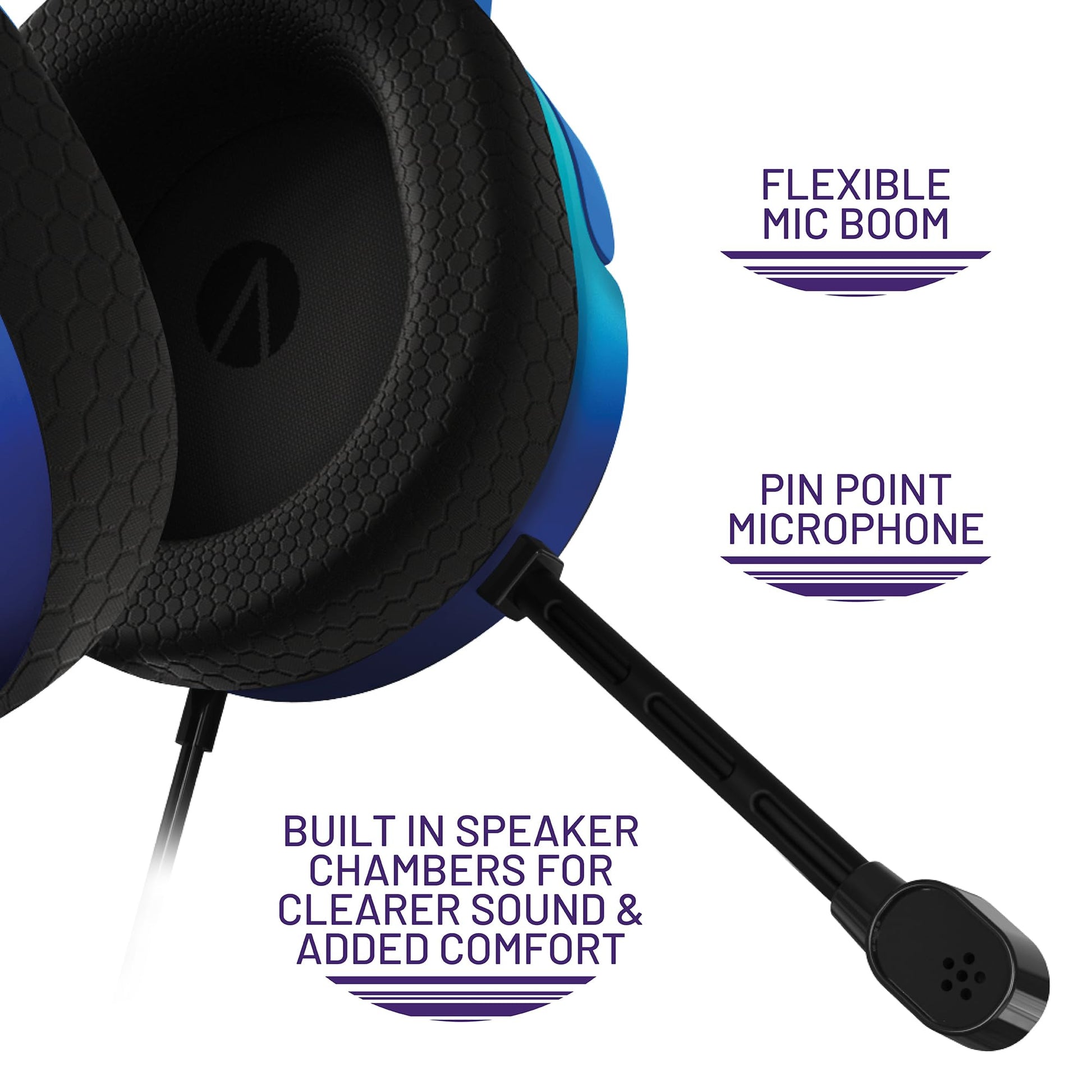 STEALTH PANTHER plasma blue gaming headset with over-ear design and adjustable microphone for immersive audio and communication.