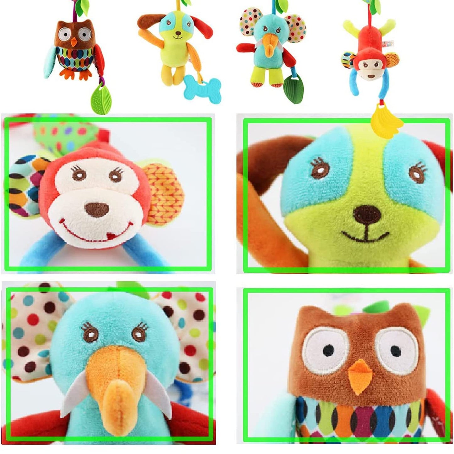 Set of four wohot baby pram toys with plush animals, rattles, wind chimes, and teethers for newborns, suitable for car seats and cribs