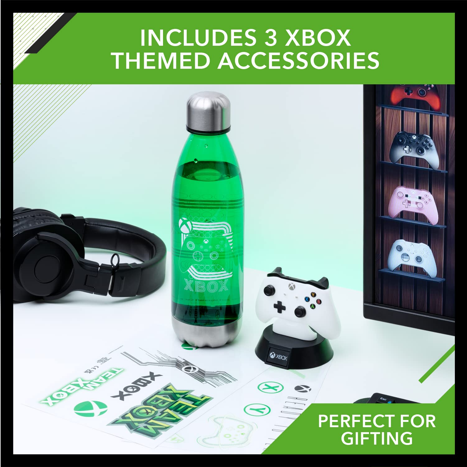 Paladone Xbox icons light, stickers, and bottle gift set featuring official Xbox merchandise and themed gaming accessories.
