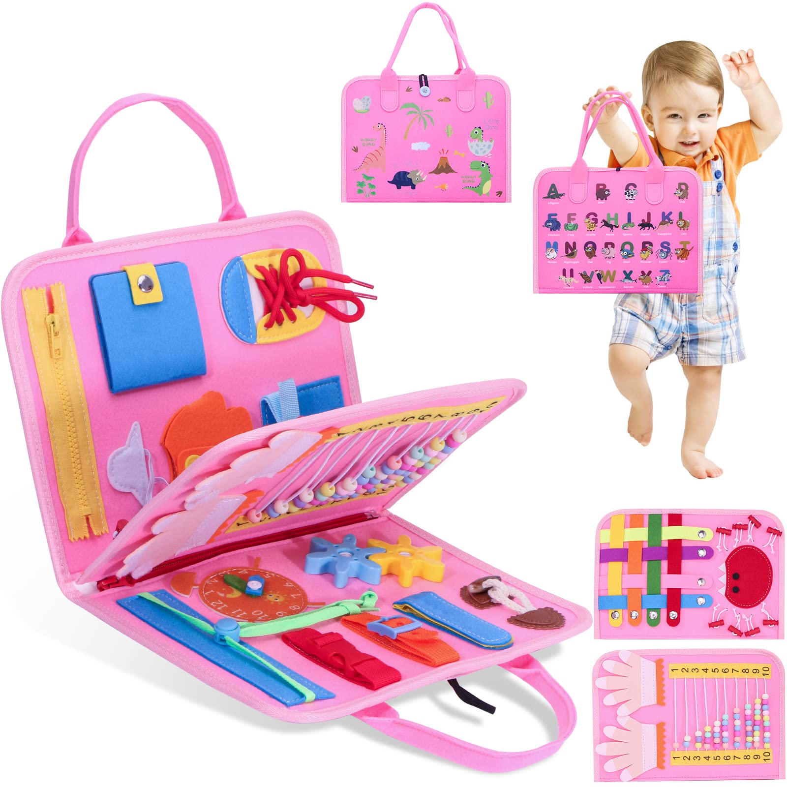 TuDou toddler busy board with colorful sensory activities, Montessori-style educational toy for fine motor skills and travel fun.