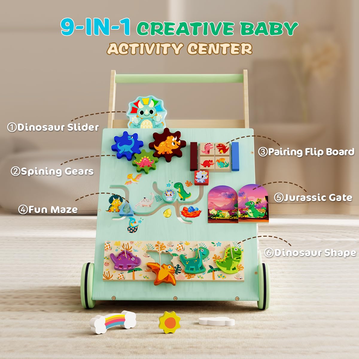 TERRAMUS wooden dinosaur baby walker with colorful knobs, Montessori toddler push toy for motor skills development and educational play.