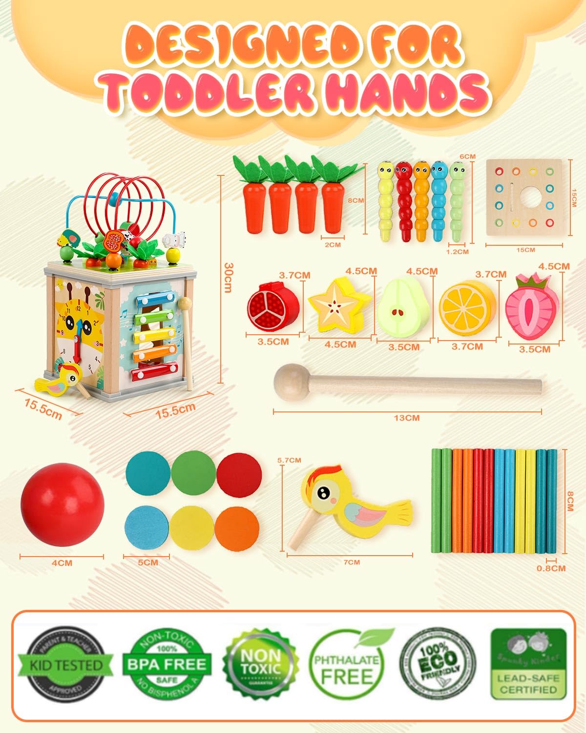MOXTOYU Wooden Activity Cube Baby Toys, 10-in-1 Montessori Educational Toy Set for 1-3 Year Old Boys & Girls, Maze, Shape Sorter, Rotating Gear Xylophone Words & Clock Learning, 1st Gifts for Toddler