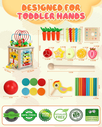 MOXTOYU Wooden Activity Cube Baby Toys, 10-in-1 Montessori Educational Toy Set for 1-3 Year Old Boys & Girls, Maze, Shape Sorter, Rotating Gear Xylophone Words & Clock Learning, 1st Gifts for Toddler