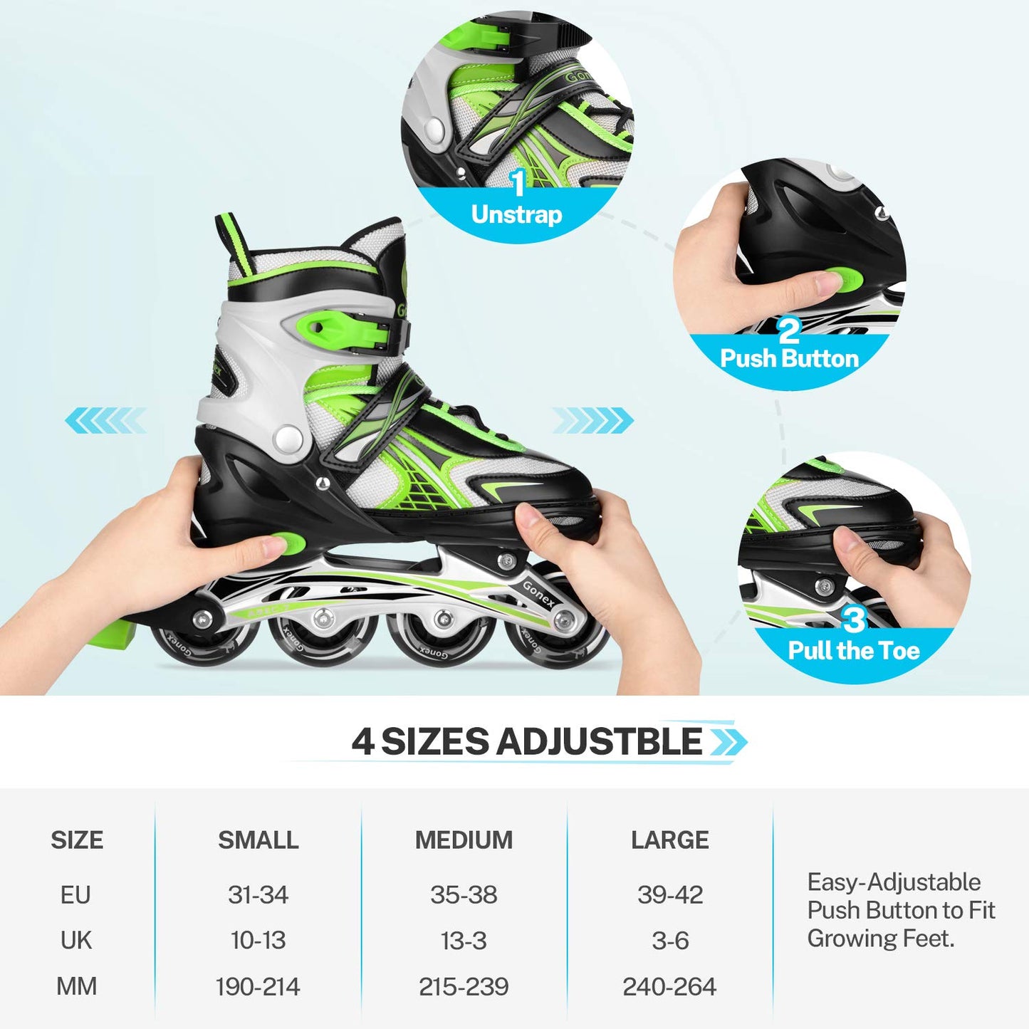 Gonex Children’s Inline Skates, Adjustable Inline Skates for Boys and Girls, EU 31-42, Green, M
