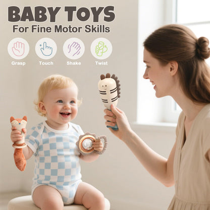 Colorful Vanplay baby toys including rattles and teething items in a storage box, designed for newborns 0-6 months.
