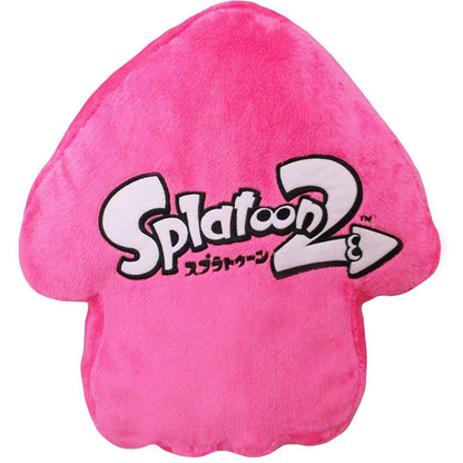 Nintendo Splatoon 2 Squid cushion in neon pink, plush Squid character from San-Ei, soft, decorative gaming accessory.
