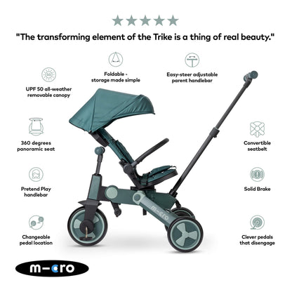 Matcha Green Micro FlexiTrike foldable toddler tricycle with parent handle and 360-degree rotating wheel for ages 6+ months.