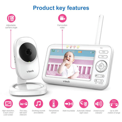 VTech LM808-1W baby monitor with camera, 5-inch screen, night vision, two-way audio, and temperature sensor in a baby nursery.