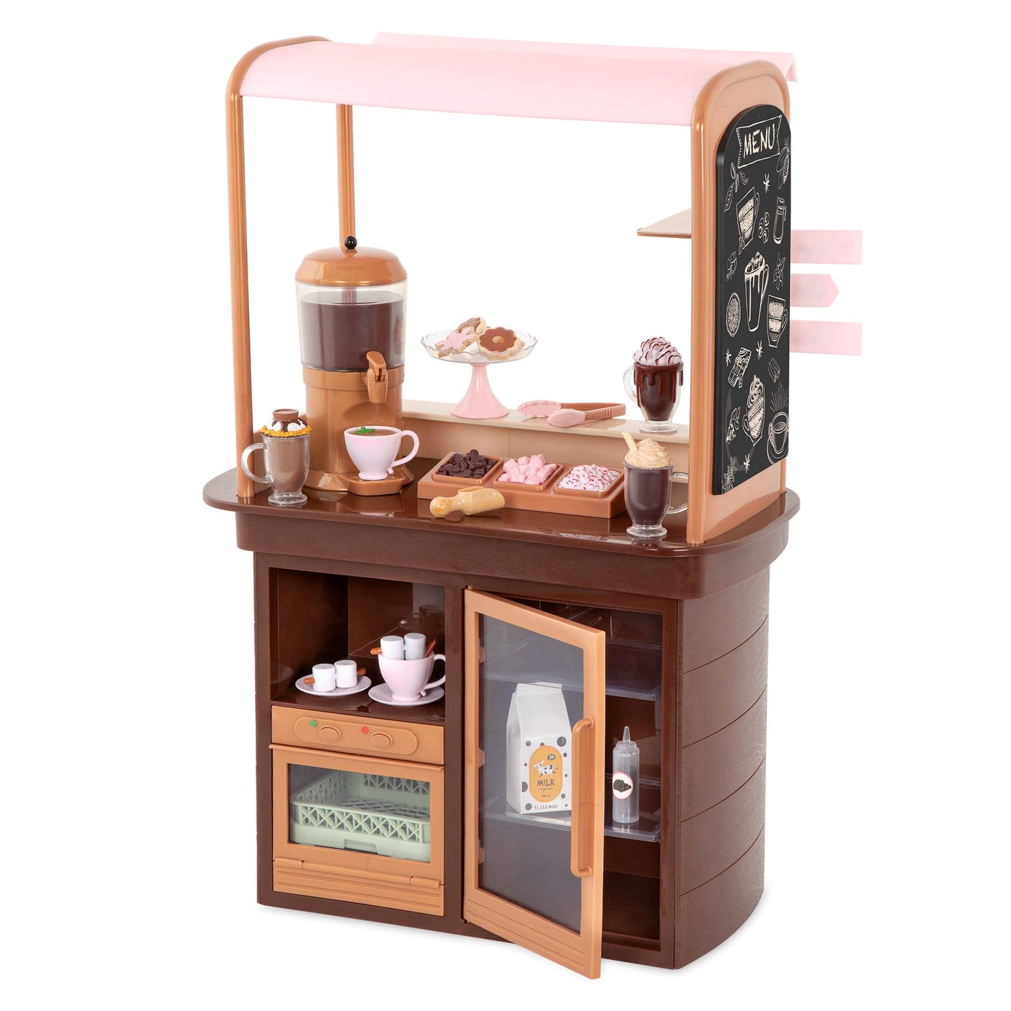 Our Generation Choco-Tastic Playset featuring a hot chocolate stand and 26 accessories for 18-inch dolls.