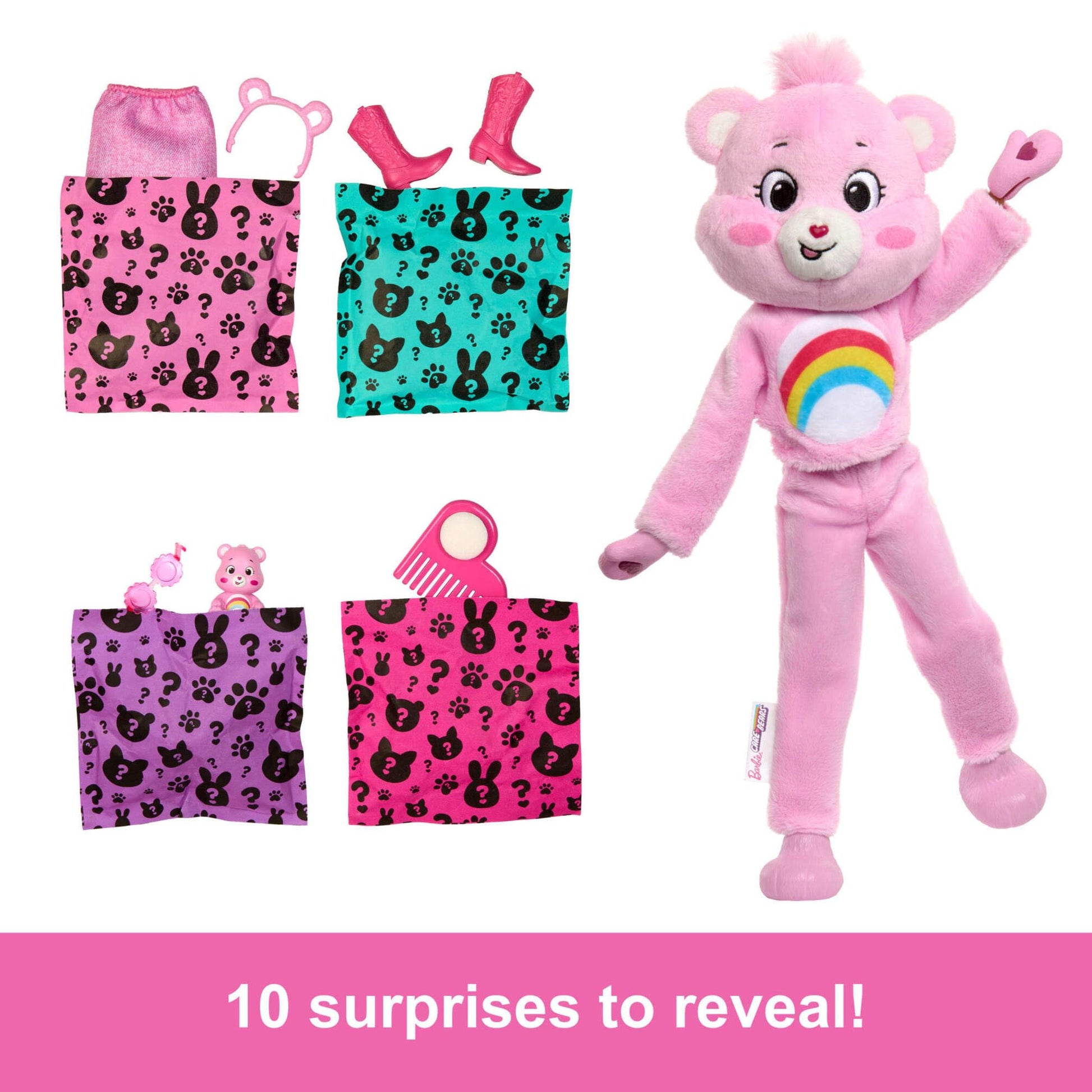Barbie Cutie Reveal Care Bears Series doll with Cheer Bear plush costume, 10 surprises including color change and mini bear accessories