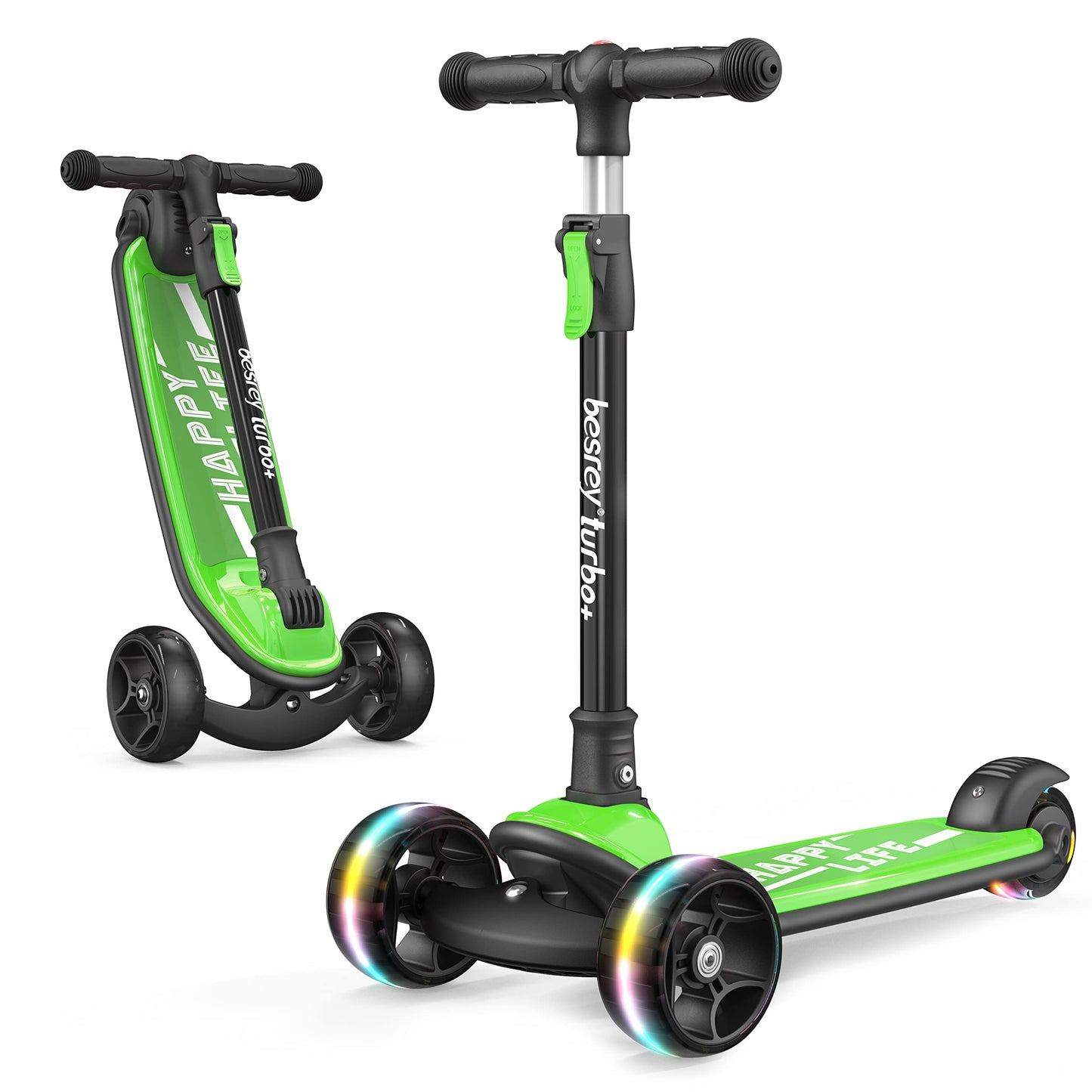 besrey kids scooter with big wheels, flashing LED lights, adjustable height, three wheels, and safe lean-to-steer design for children