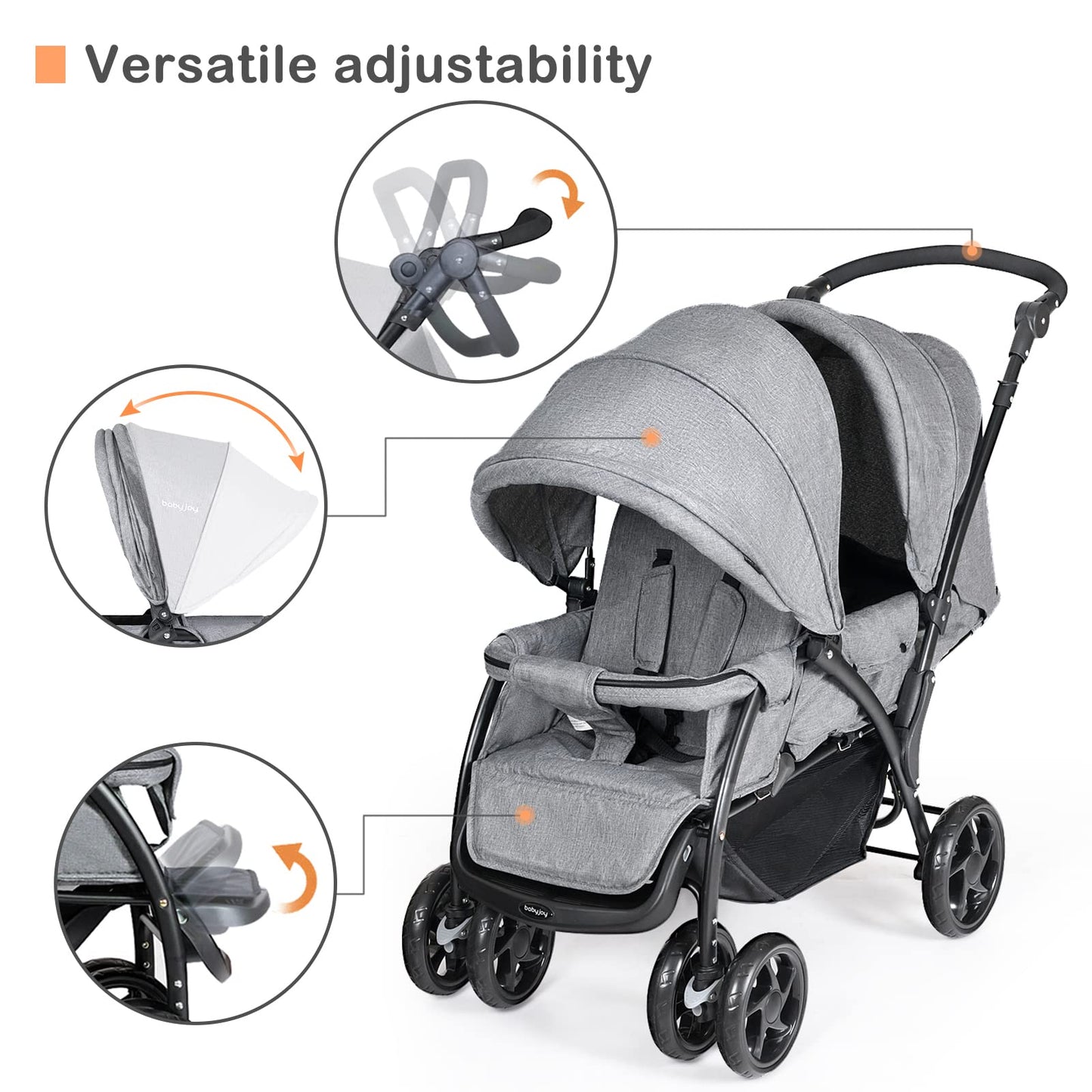 Maxmass Double Seat Baby Stroller, Folding Infant Pushchair with Adjustable Handlebar & Backrest, Storage Basket and Detachable Canopy, Travel Toddler Buggy for Shopping, Hanging Out (Grey)
